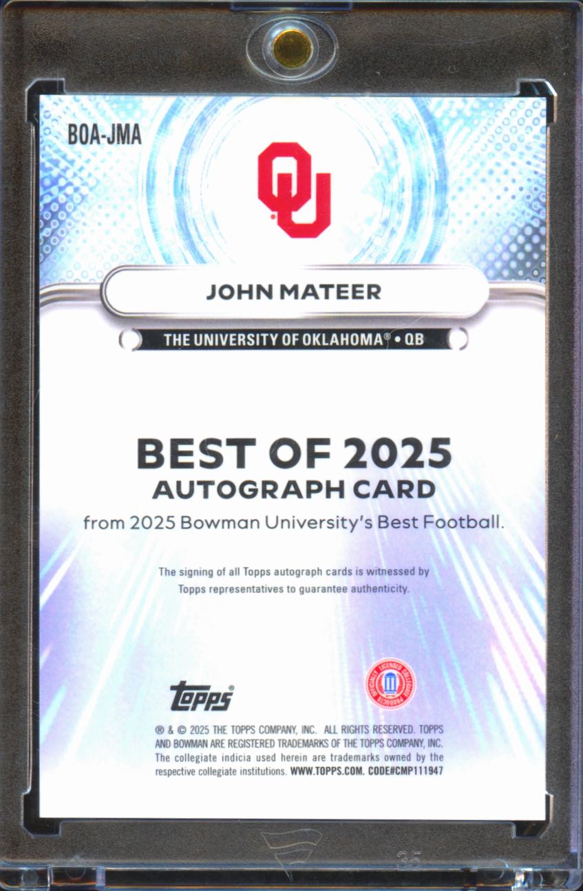 John Mateer 2025 Bowman's Best Auto Autograph RC Blue Oklahoma Sooners 40/150