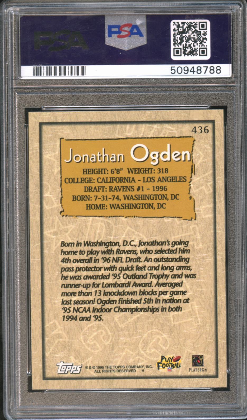Jonathan Ogden 1996 Topps Rookie RC Baltimore Ravens #436 PSA 10