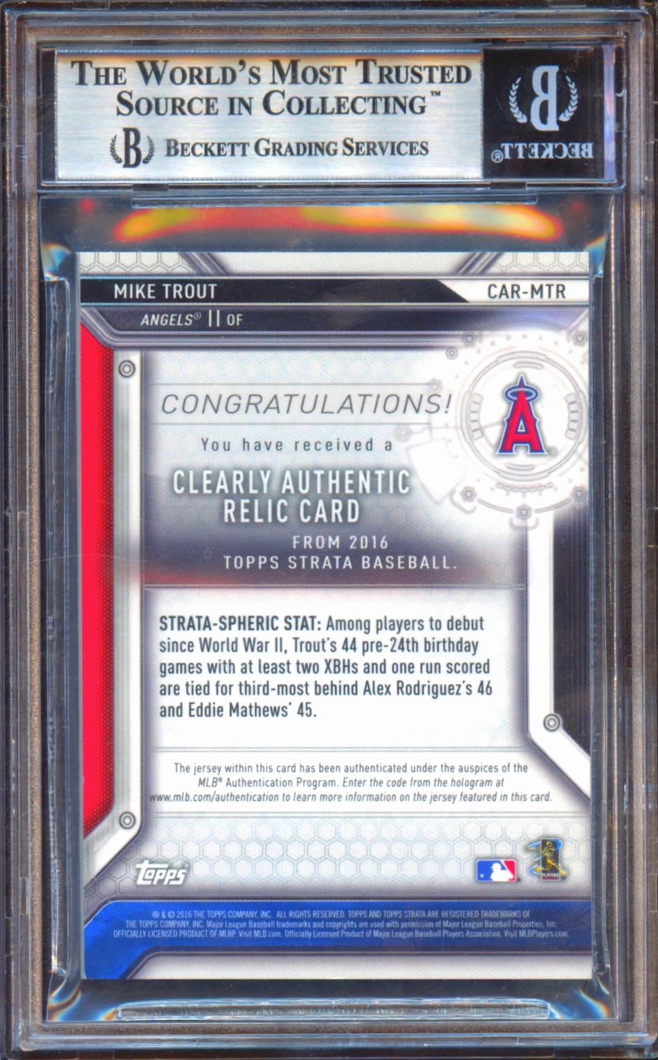 Mike Trout 2016 Topps Strata Game Worn Patch Relics Gold LA Angels 16/25 BGS 9