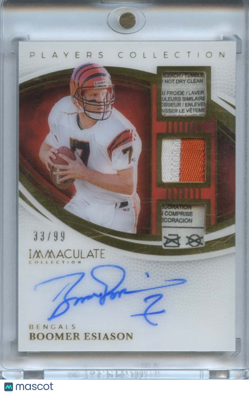 Boomer Esiason 2025 Immaculate Auto Autograph Laundry Tag Patch Bengals 33/99