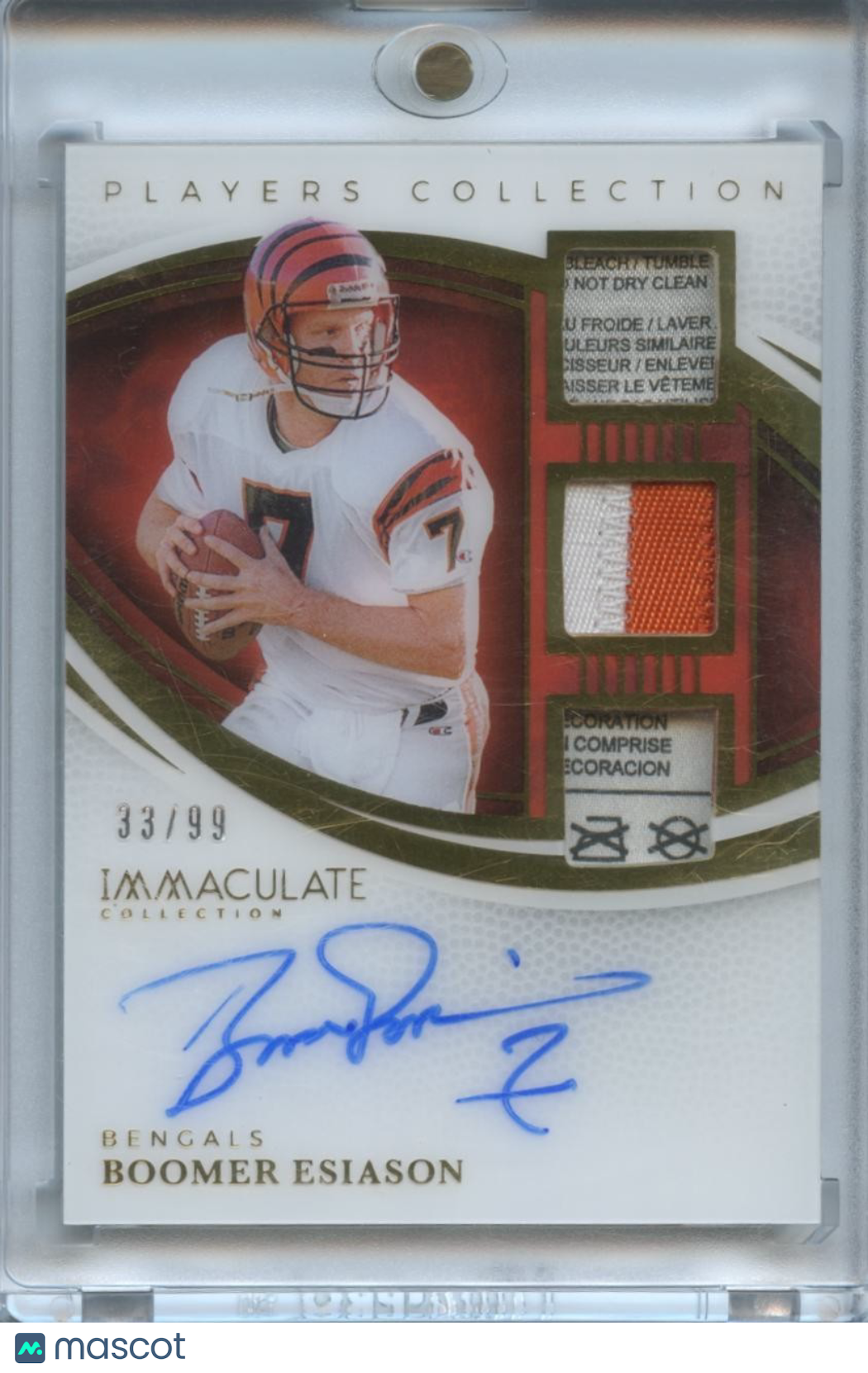 Boomer Esiason 2025 Immaculate Auto Autograph Laundry Tag Patch Bengals 33/99