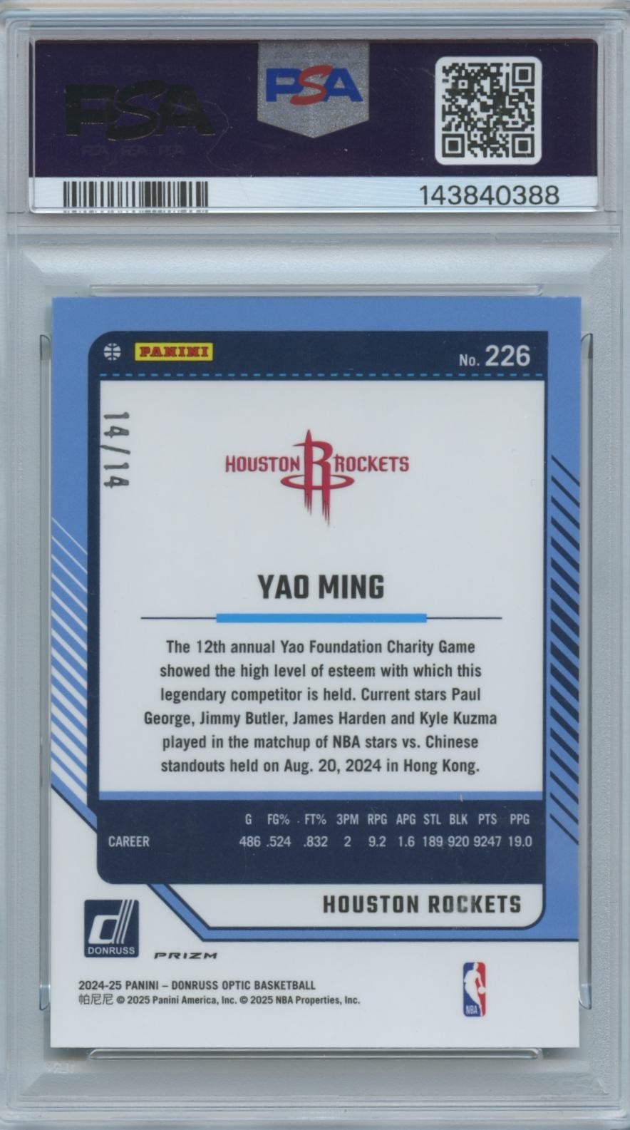 Yao Ming 2024-25 Optic Green FOTL SSP Houston Rockets 14/14 PSA 10