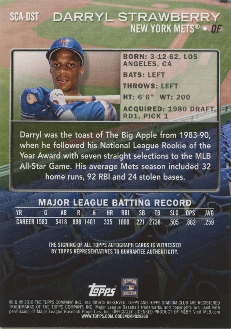 Darryl Strawberry 2018 Stadium Club On Card Auto Autograph New York Mets