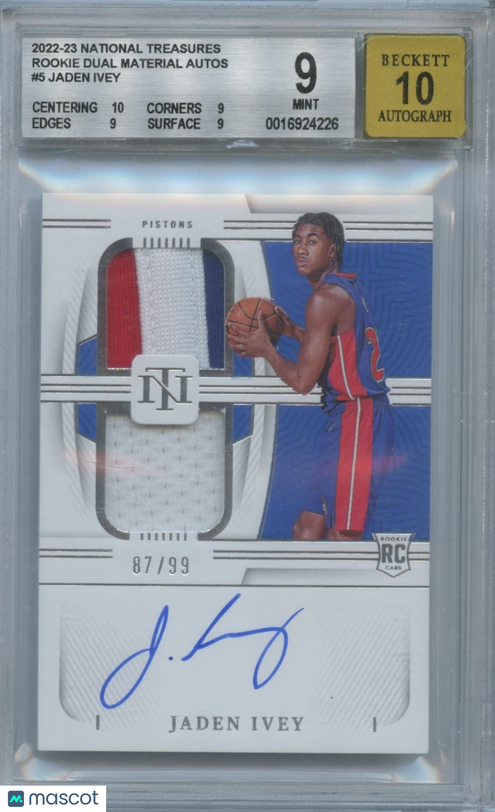 Jaden Ivey 2022-23 National Treasures Auto Autograph Patch RC Pistons /99 BGS 9