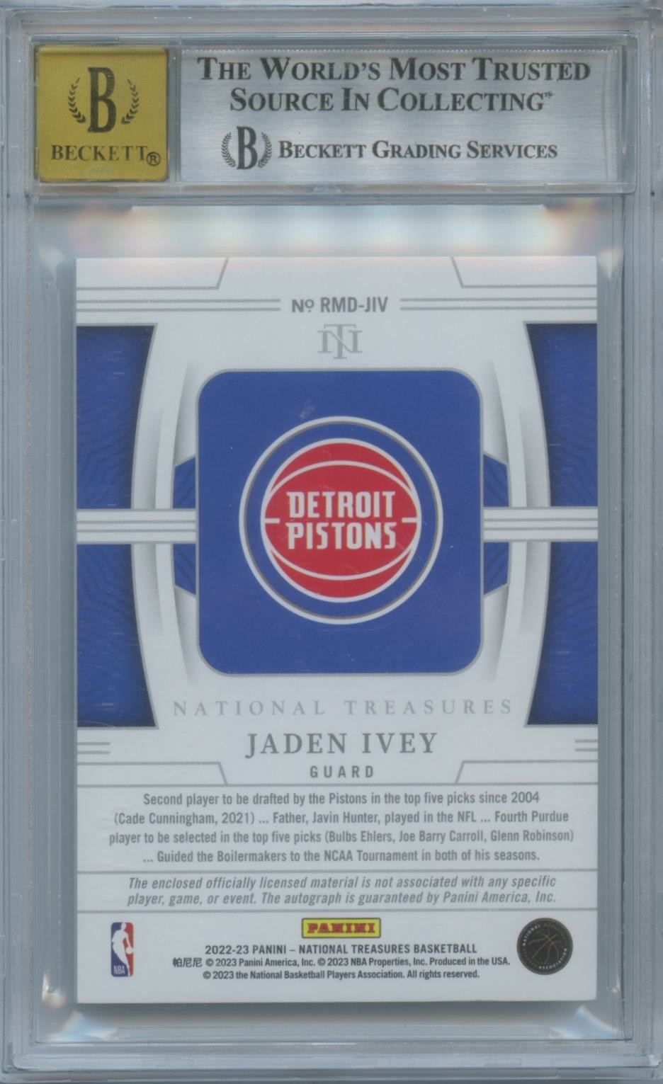 Jaden Ivey 2022-23 National Treasures Auto Autograph Patch RC Pistons /99 BGS 9