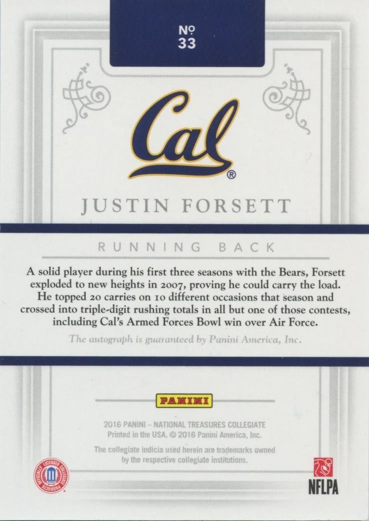 Justin Forsett 2016 National Treasures Auto Autograph Cal Golden Bears 7/10