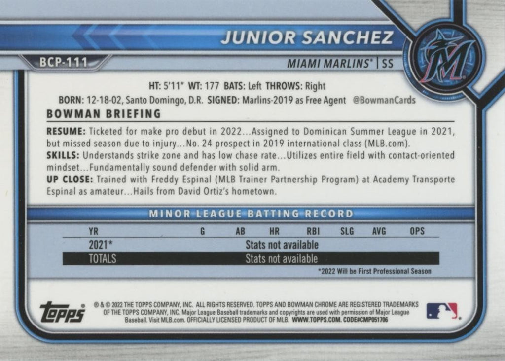 Junior Sanchez 2022 1st Bowman Chrome Red Refractor RC Miami Marlins 1/5