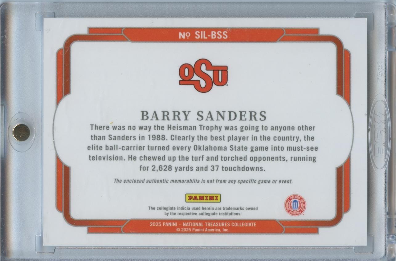 Barry Sanders 2025 National Treasures Jersey Patch Oklahoma State OSU 57/75