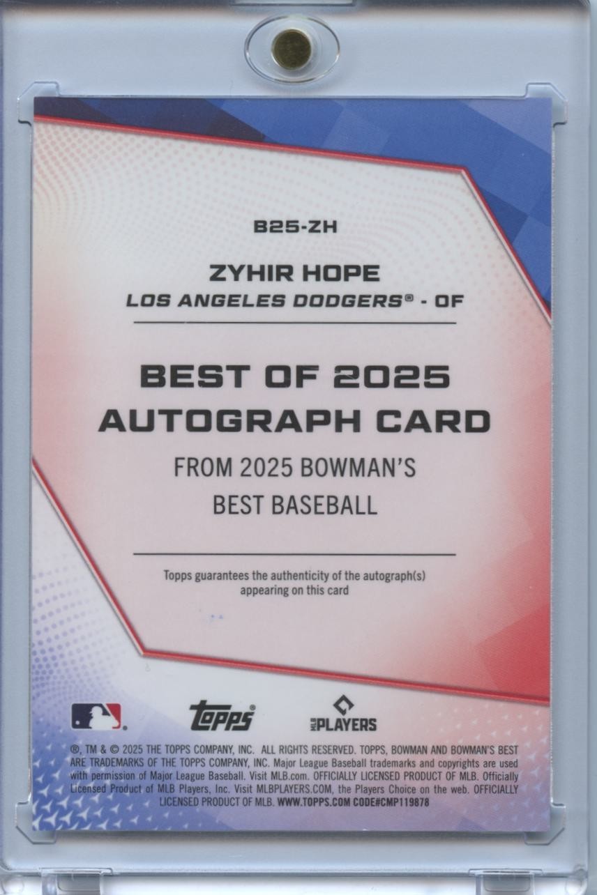 Zyhir Hope 2025 Bowman's Best On Card Auto Autograph RC Los Angeles Dodgers