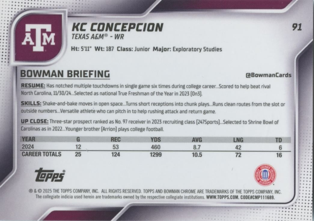 KC Concepcion 2025 Bowman Chrome 1st White Refractor RC Texas A&M 5/15