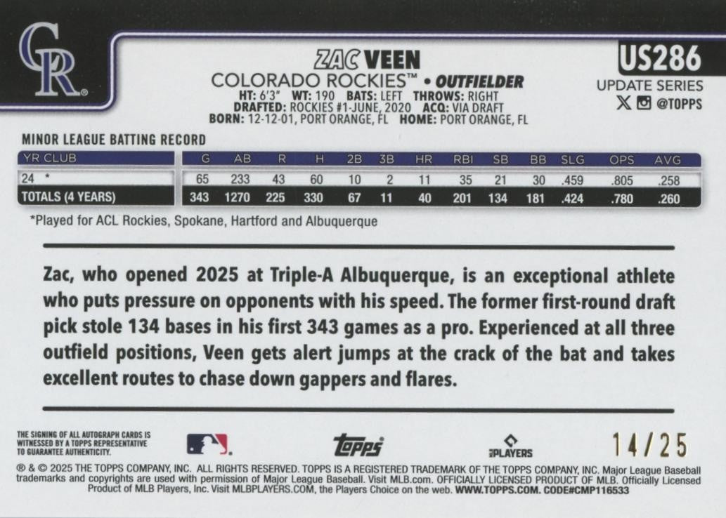 Zac Veen 2025 Topps Orange On Card Auto Autograph Rookie RC Rockies 14/25