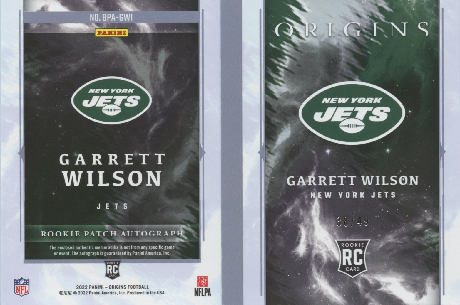 Garrett Wilson 2022 Origins Auto Autograph Patch Booklet RC New York Jets 38/49