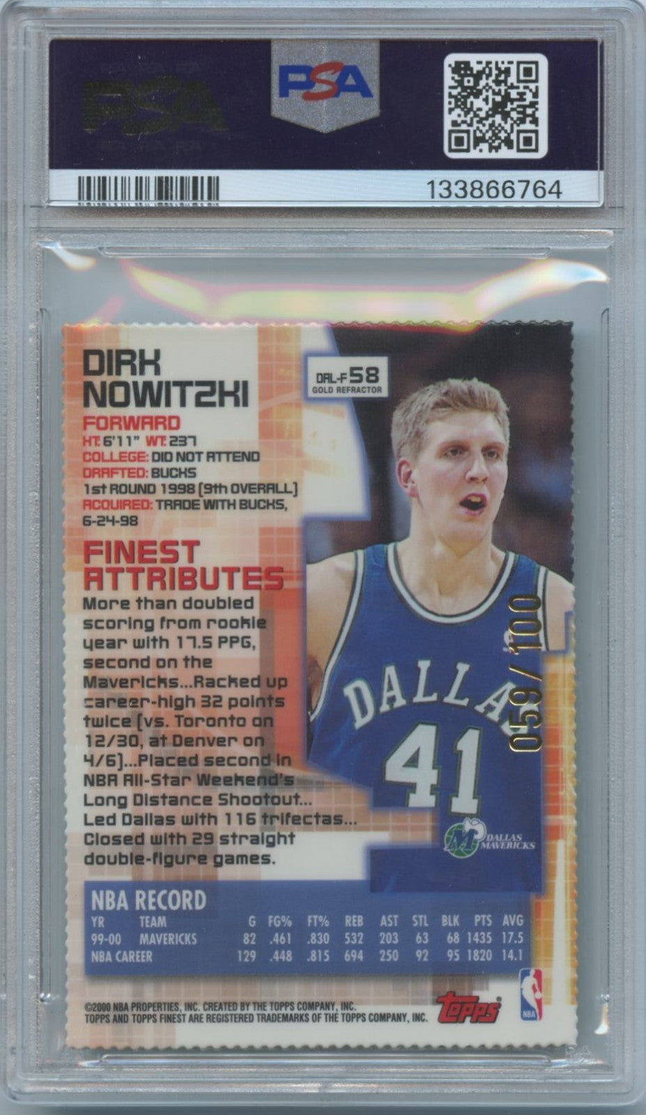 Dirk Nowitzki 2000 Topps Finest GOLD Refractor Dallas Mavericks 59/100 PSA 9