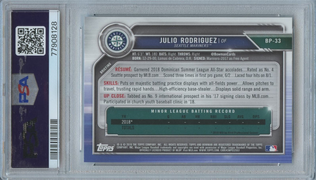 Julio Rodriguez 2019 Bowman 1st Rookie RC Seattle Mariners #BP33 PSA 10