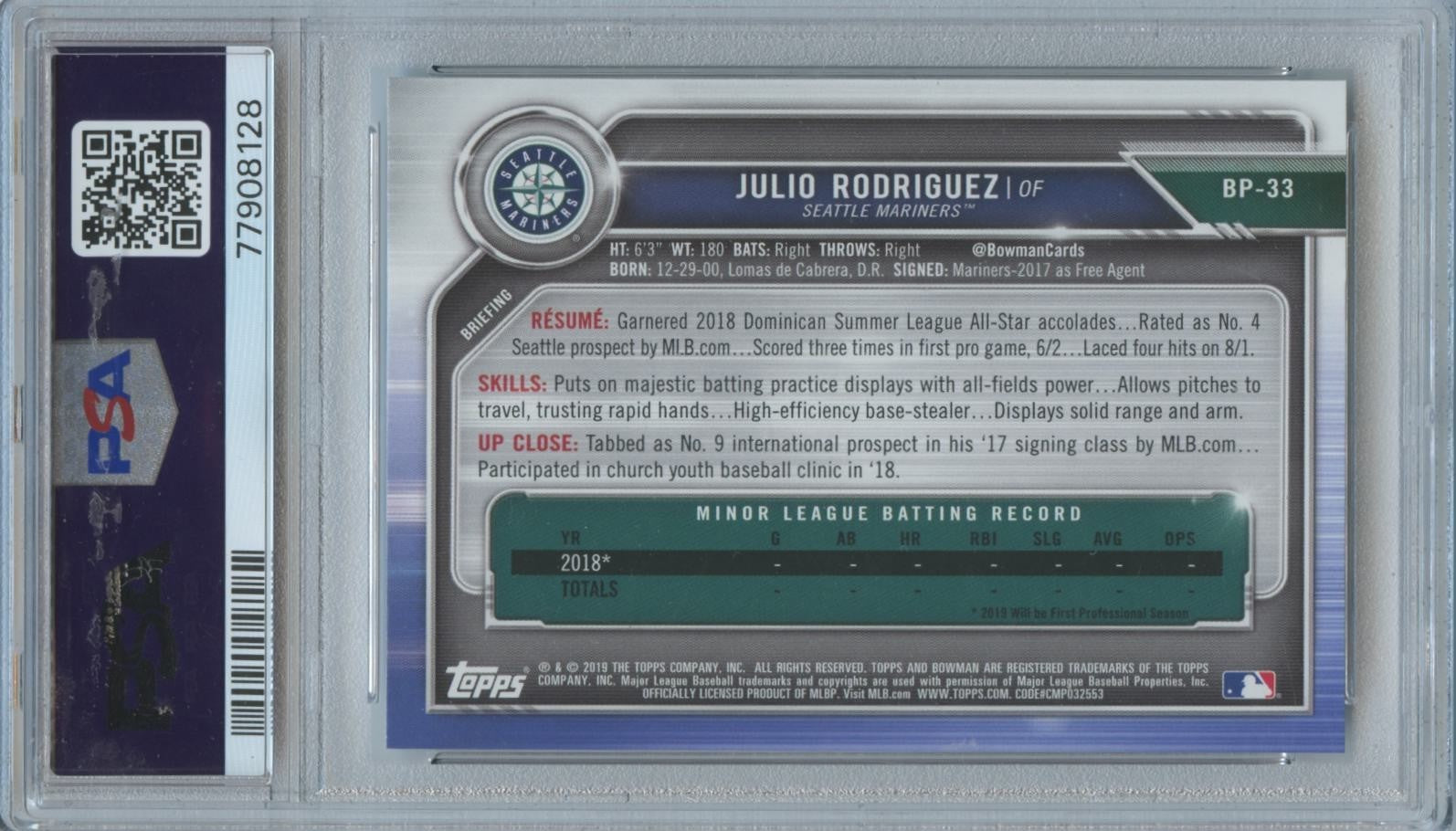 Julio Rodriguez 2019 Bowman 1st Rookie RC Seattle Mariners #BP33 PSA 10