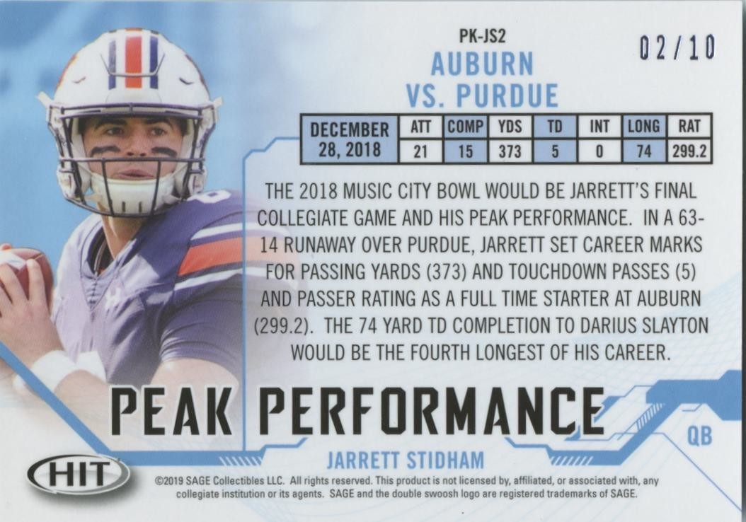Jarrett Stidham 2019 SAGE HIT Platinum Rookie RC Auburn Patriots 2/10