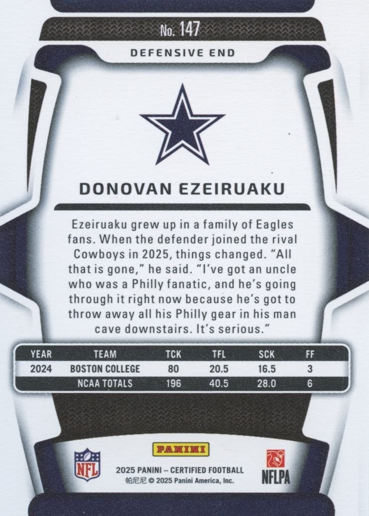 Donovan Ezeiruaku 2025 Certified Mirror Bronze SSP Rookie RC Dallas Cowboys 4/17