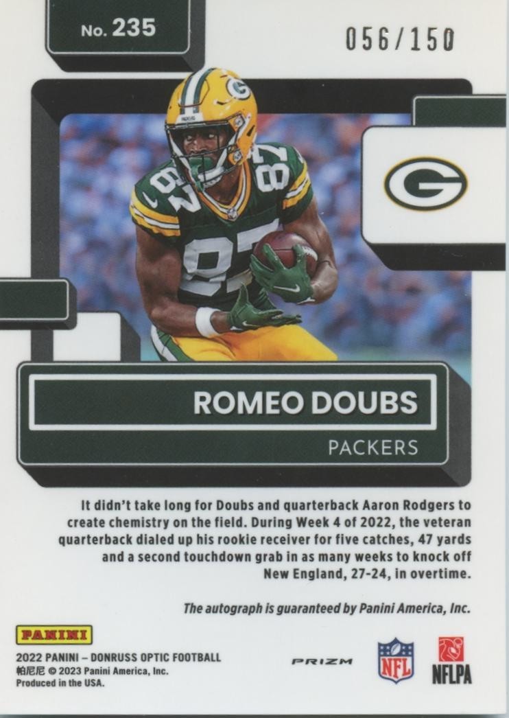 Romeo Doubs 2022 Optic Rated Rookie Auto Autograph RC Packers 56/150