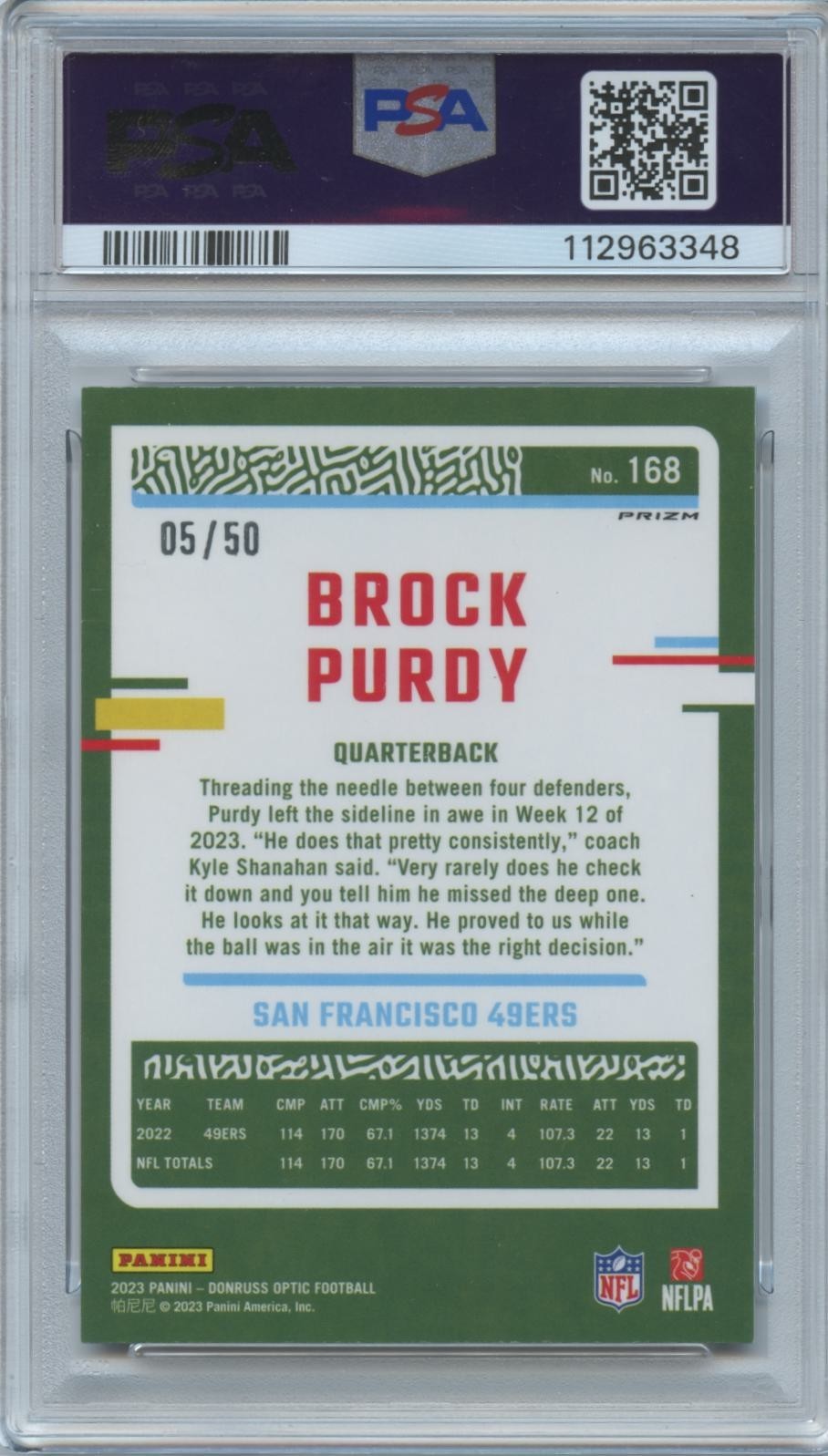 Brock Purdy 2023 Optic Purple Prizm San Francisco 49ers 5/50 PSA 9