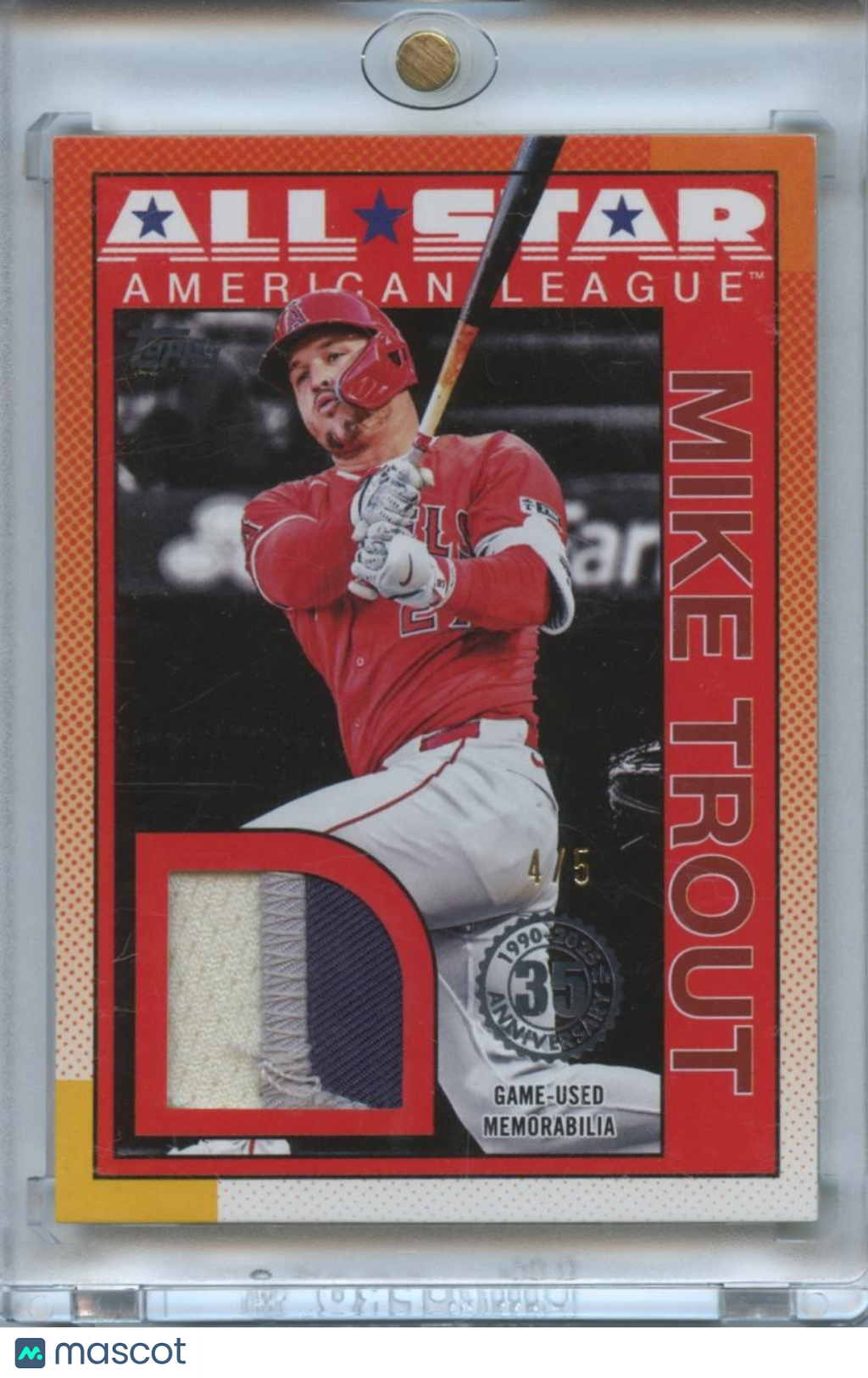 Mike Trout 2025 Topps 3 Color Game Worn Jersey Patch Los Angeles Angels 4/5