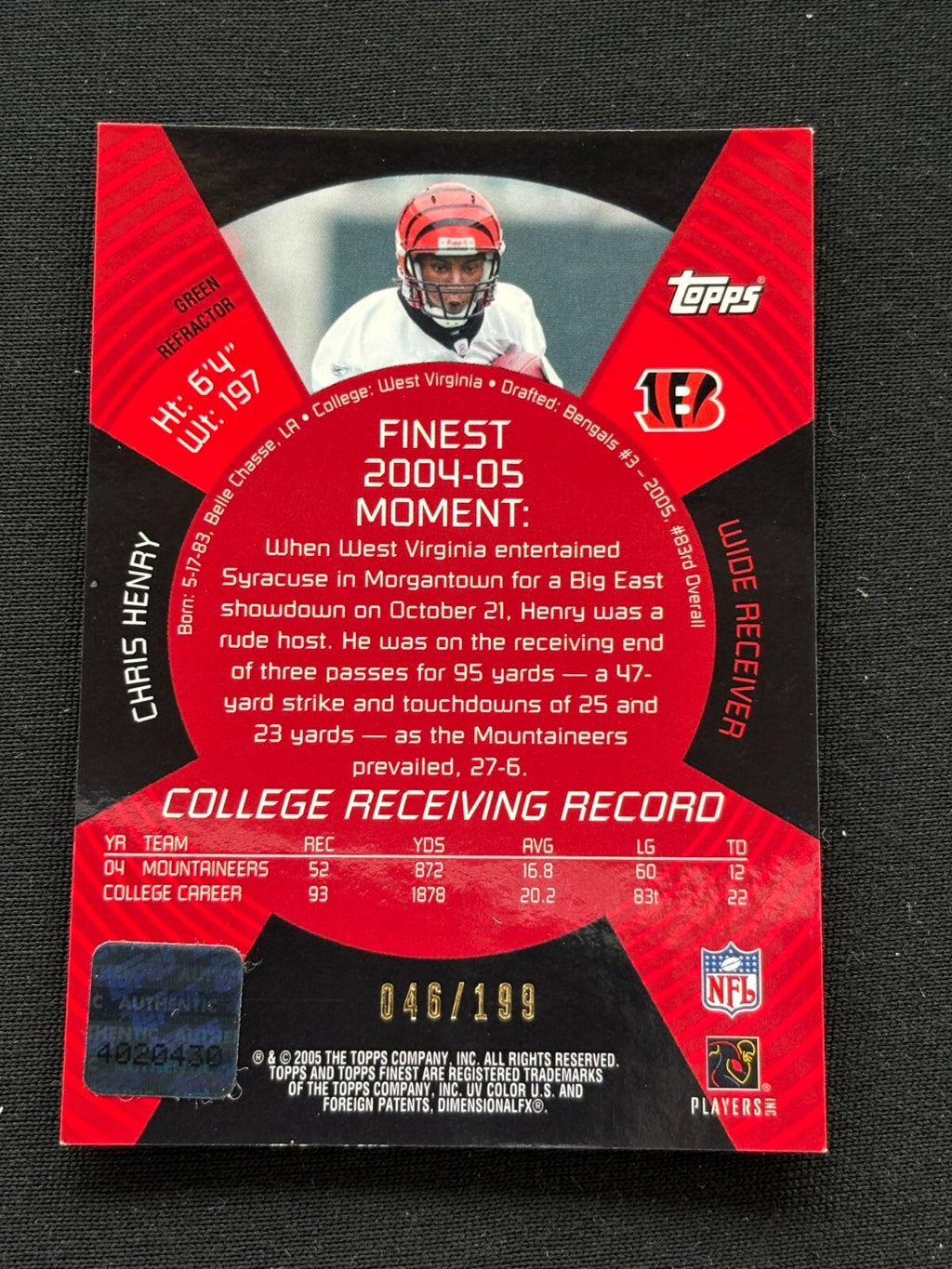 Chris Henry 2005 Topps Finest Auto Autograph RC Green Refractor Bengals 46/199