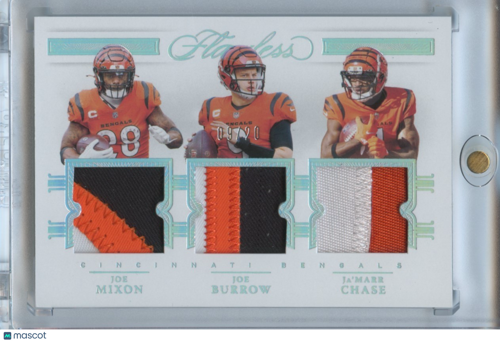 Joe Burrow / Ja'Marr Chase / Mixon 2021 Flawless Triple Patch RC Bengals 9/20
