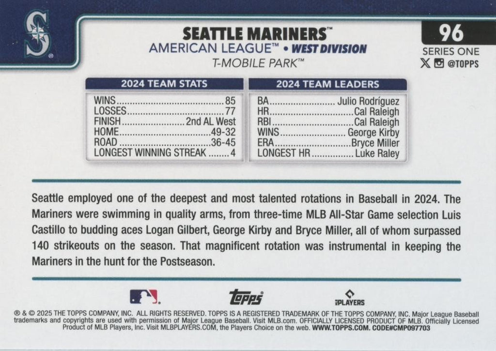 Seattle Mariners Cal Raleigh 2025 Topps Team True Photo SSP SHORTPRINT #96
