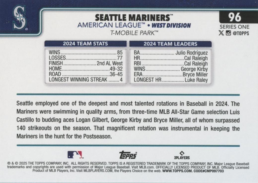 Seattle Mariners Cal Raleigh 2025 Topps Team True Photo SSP SHORTPRINT #96