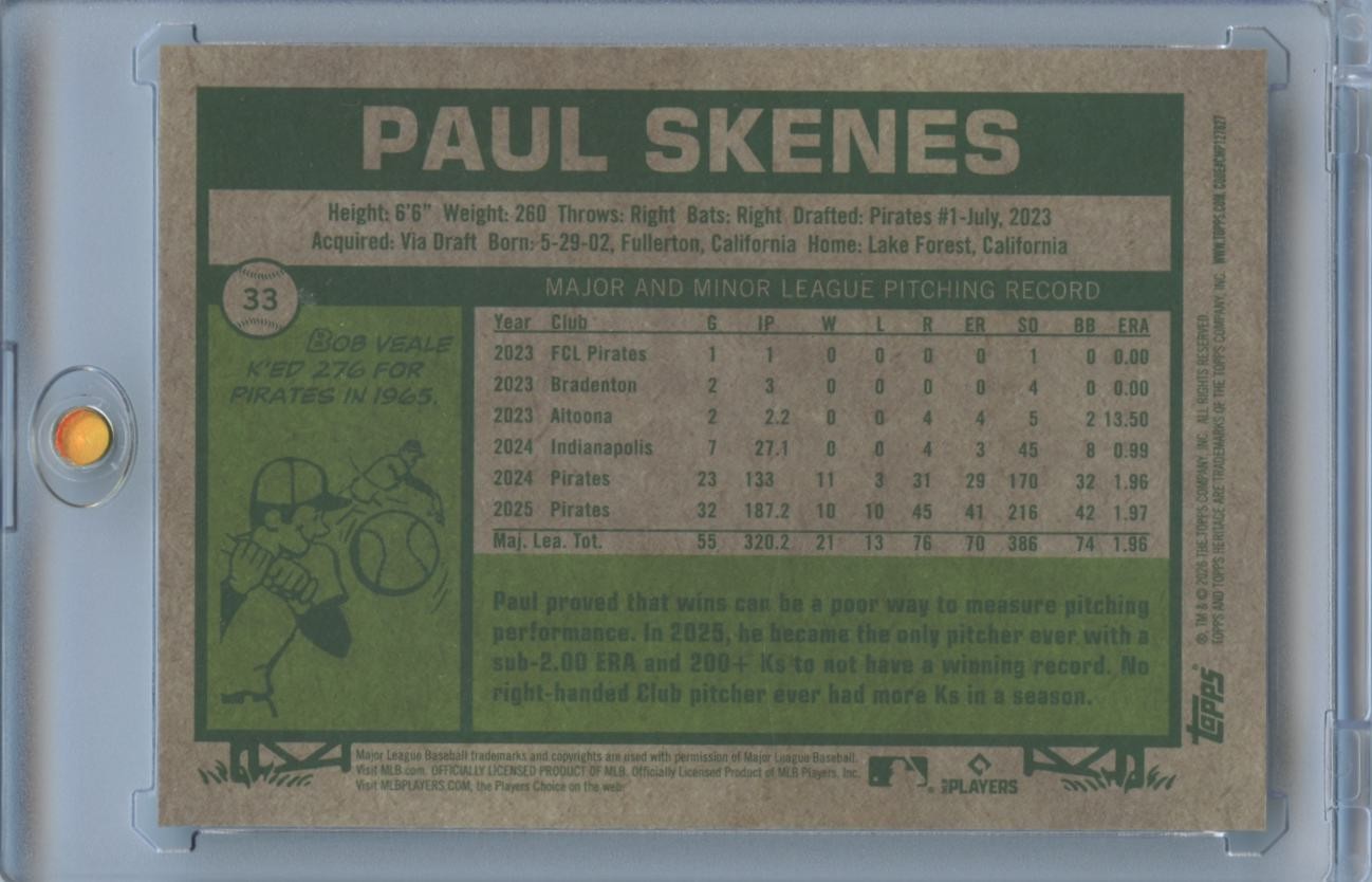 Paul Skenes 2026 Topps Heritage Green Refractor Pittsburgh Pirates 70/99