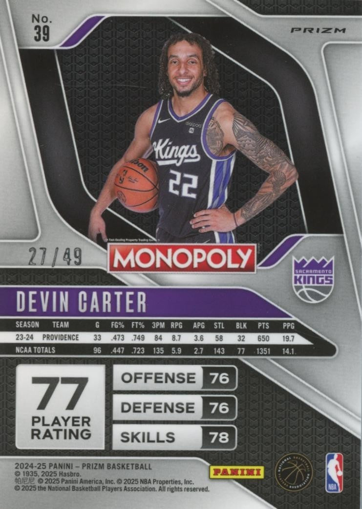 Devin Carter 2024-25 Prizm Monopoly GOLD Prizm Rookie RC Sacramento Kings 27/49