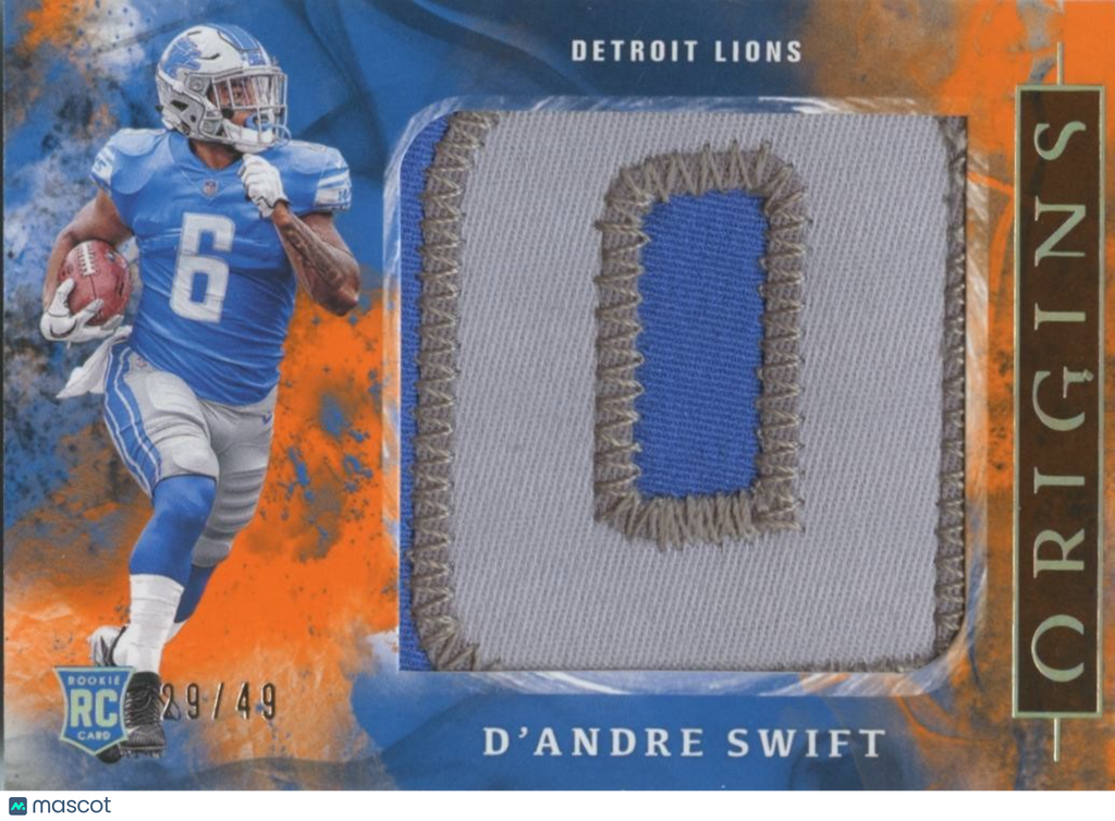D'Andre Swift 2020 Origins Orange Jersey Patch Rookie RC Detroit Lions 29/49