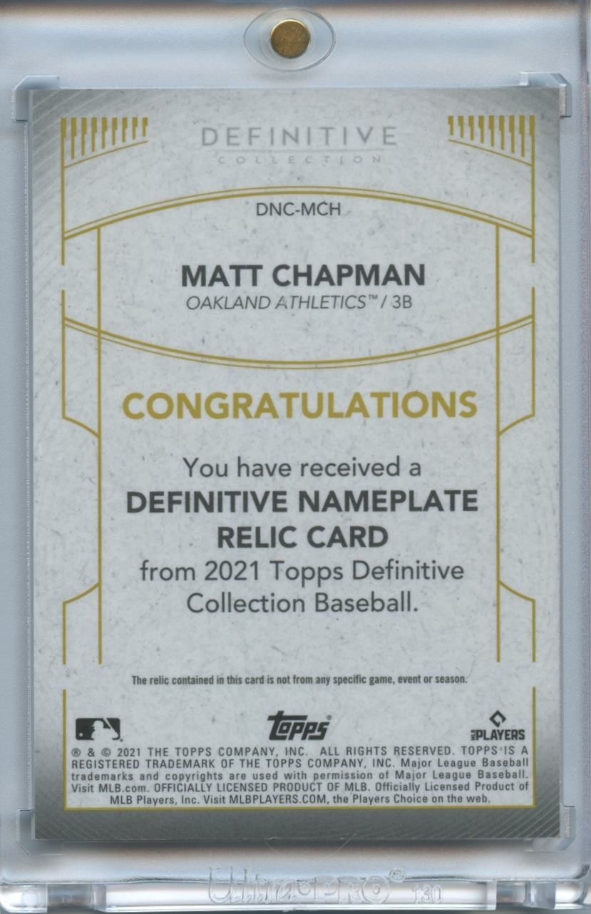 Matt Chapman 2021 Definitive Game Worn Nameplate Patch Athletics 1/1