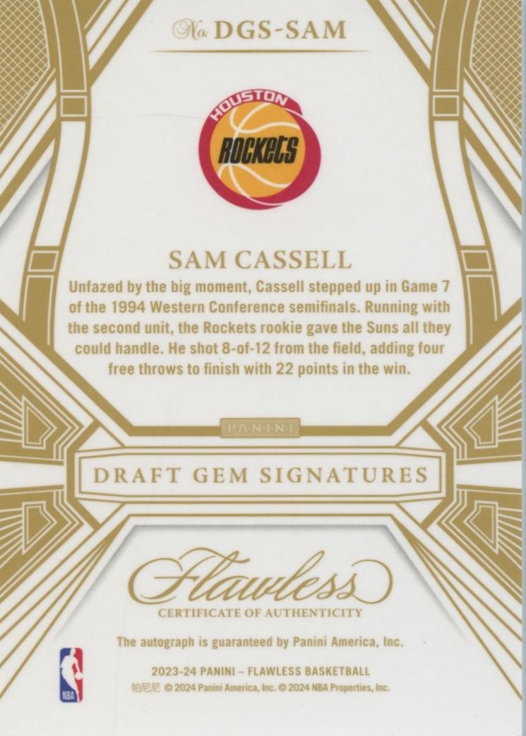 Sam Cassell 2023-24 Flawless Blue Auto Autograph Houston Rockets 6/8
