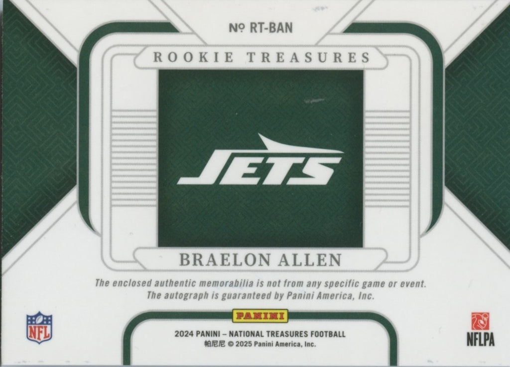 Braelon Allen 2024 National Treasures Auto Autograph Patch RC NY Jets 17/25