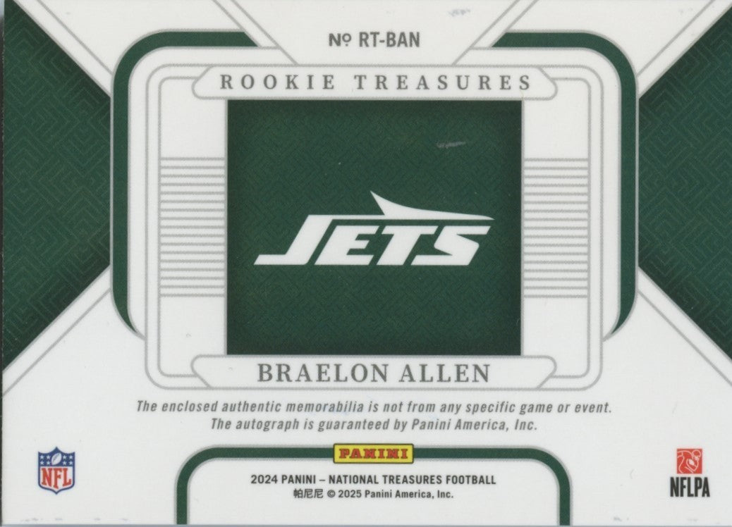 Braelon Allen 2024 National Treasures Auto Autograph Patch RC NY Jets 17/25