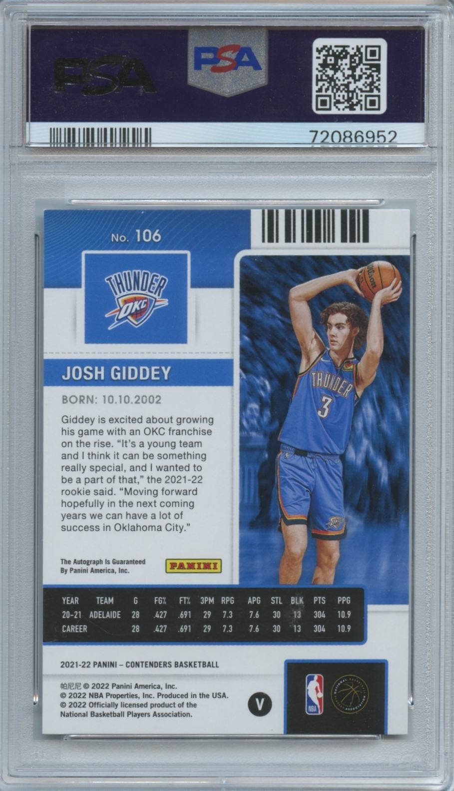 Josh Giddey 2021-22 Contenders Finals Auto Autograph RC OKC Thunder 22/49 PSA 8
