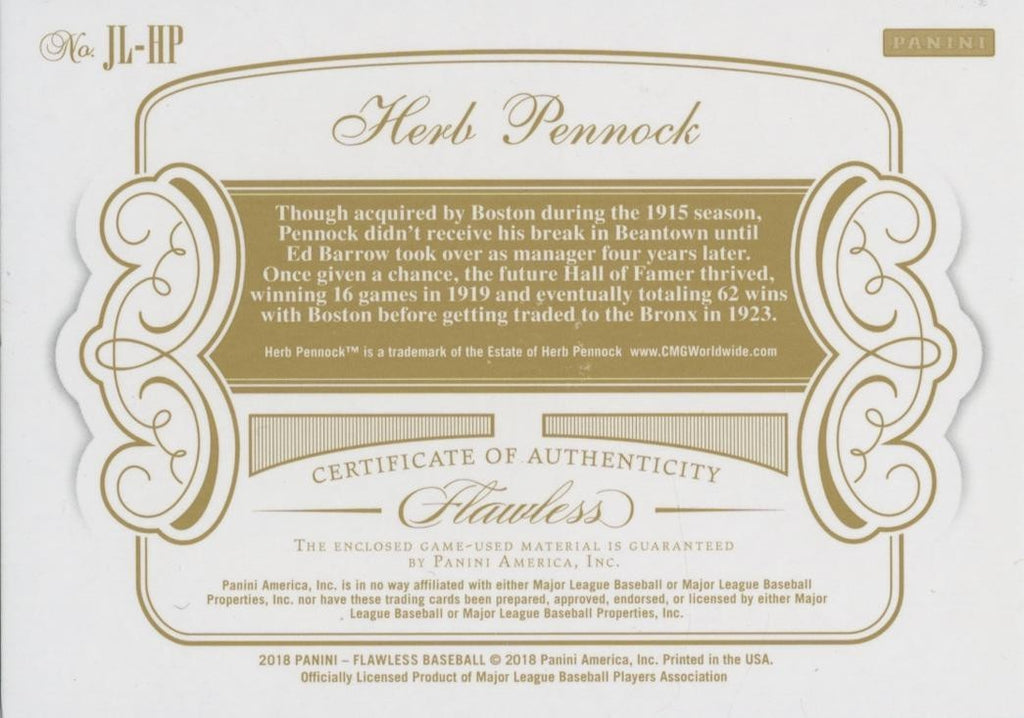 Herb Pennock 2018 Flawless Game Worn Jersey Patch Boston Red Sox 9/15