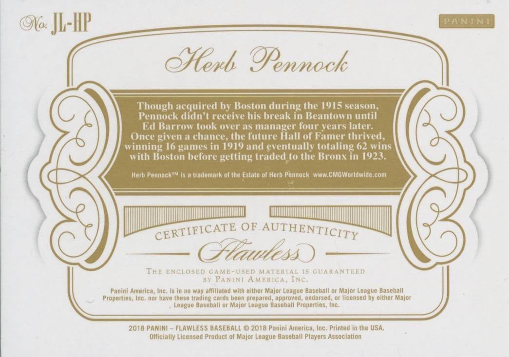 Herb Pennock 2018 Flawless Game Worn Jersey Patch Boston Red Sox 9/15
