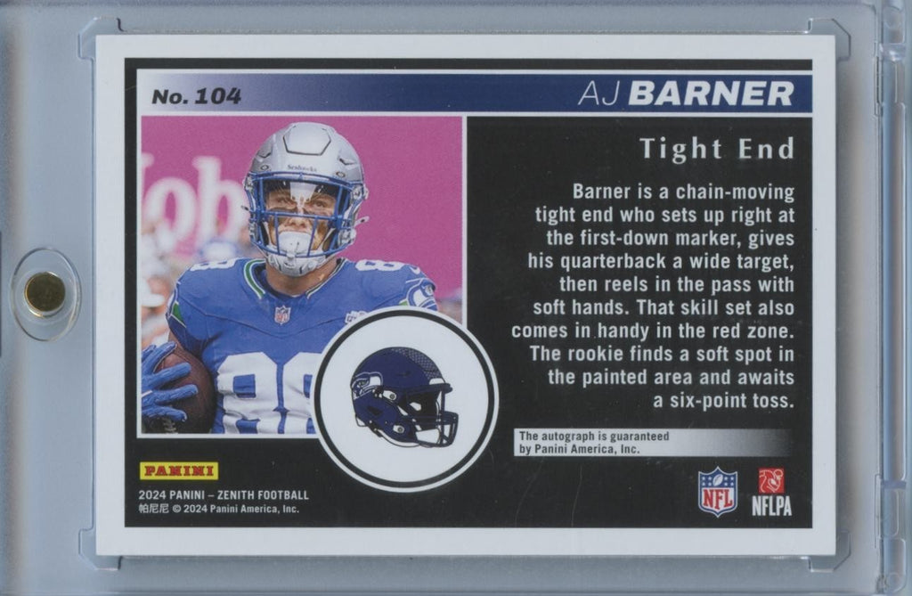 AJ Barner 2024 Zenith Auto Autograph Rookie RC Seattle Seahawks 81/99