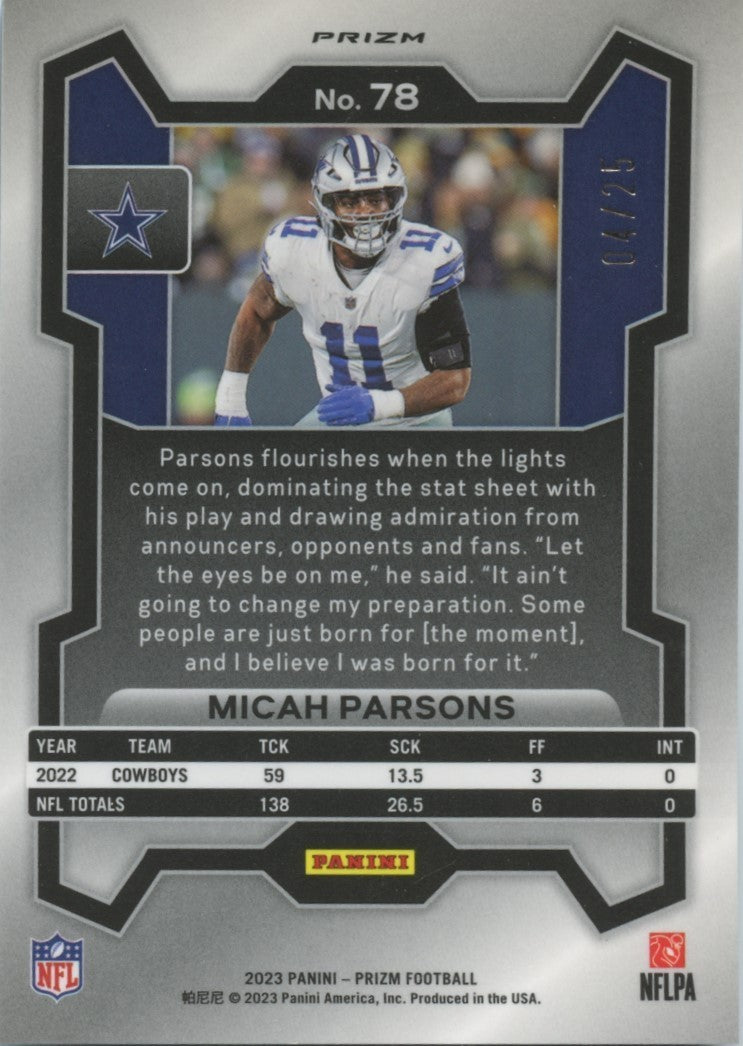 Micah Parsons 2023 Prizm Blue Camo Prizm SSP Dallas Cowboys 4/25