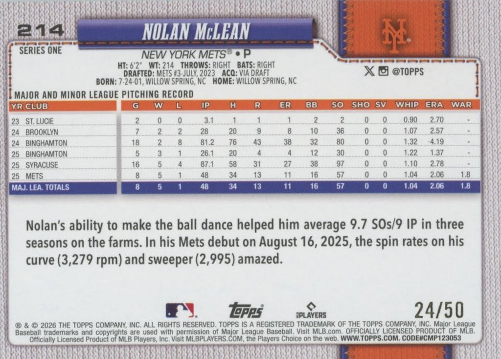 Nolan Mclean 2026 Topps Rookie GOLD Spring Training RC New York Mets 24/50 #214