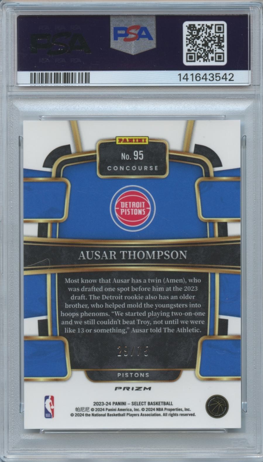 Ausar Thompson 2023-24 Select White Disco Prizm Rokie RC Pistons 29/75 PSA 10