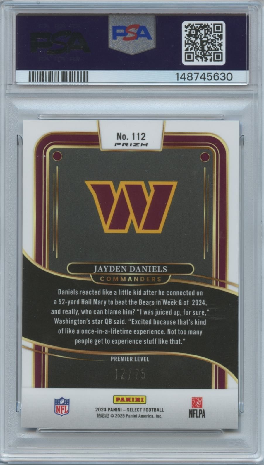 Jayden Daniels 2024 Select Blue Disco Prizm Rookie RC Commanders 12/25 PSA 10