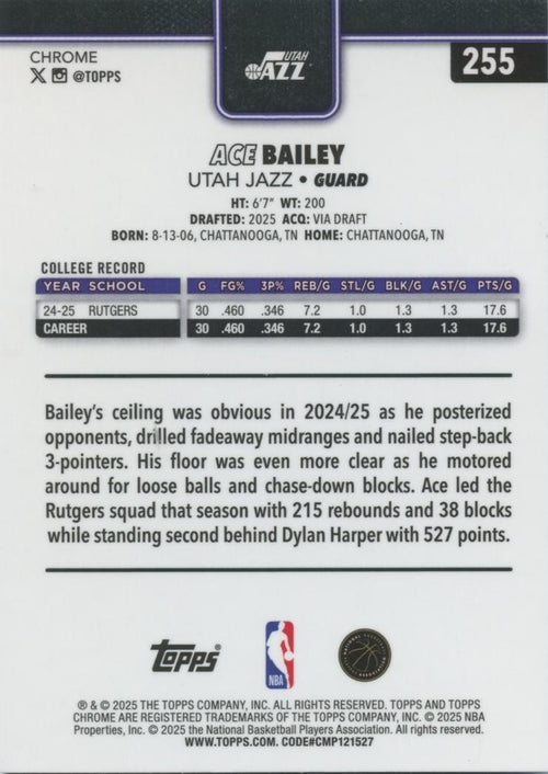 Ace Bailey 2025-26 Topps Chrome Purple Wave Refractor Rookie RC Utah Jazz 67/75
