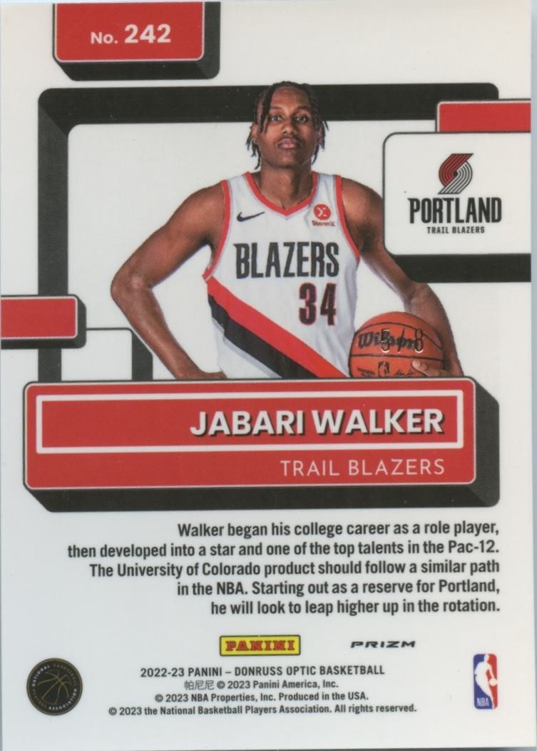 Jabari Walker 2022-23 Optic Rated Rookie Hyper Prizm SSP RC Trail Blazers 5/8