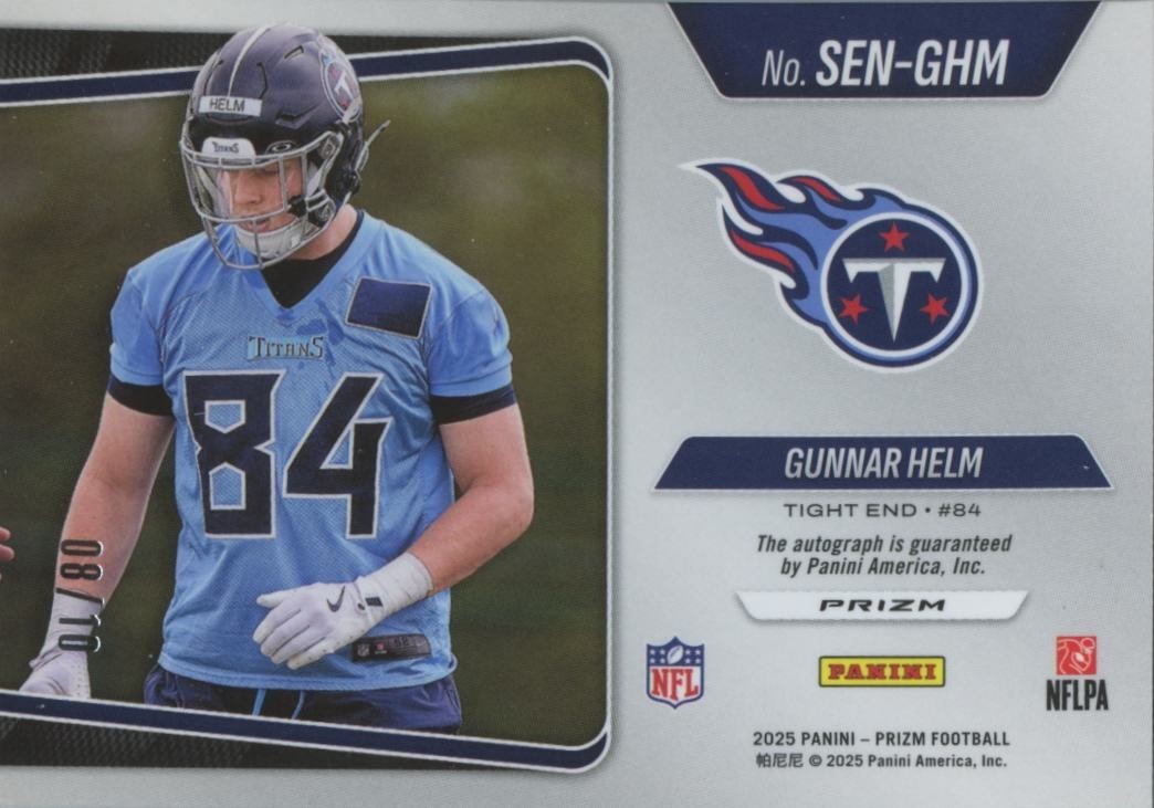 Gunnar Helm 2025 Prizm GOLD Auto Autograph RC Tennessee Titans Longhorns 8/10