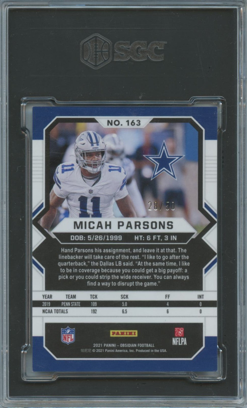 Micah Parsons 2021 Obsidian Green Rookie RC Dallas Cowboys 28/50 SGC 9.5