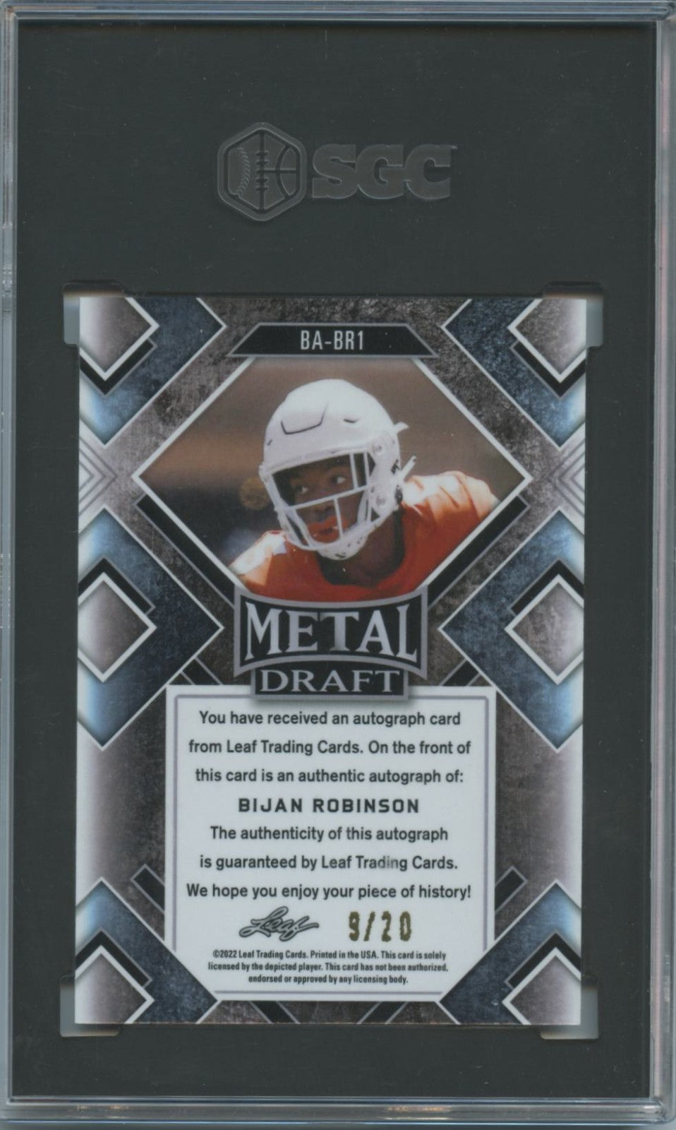 Bijan Robinson 2022 Leaf Metal Auto Autograph RC Texas Longhorns 9/20 SGC 10 10