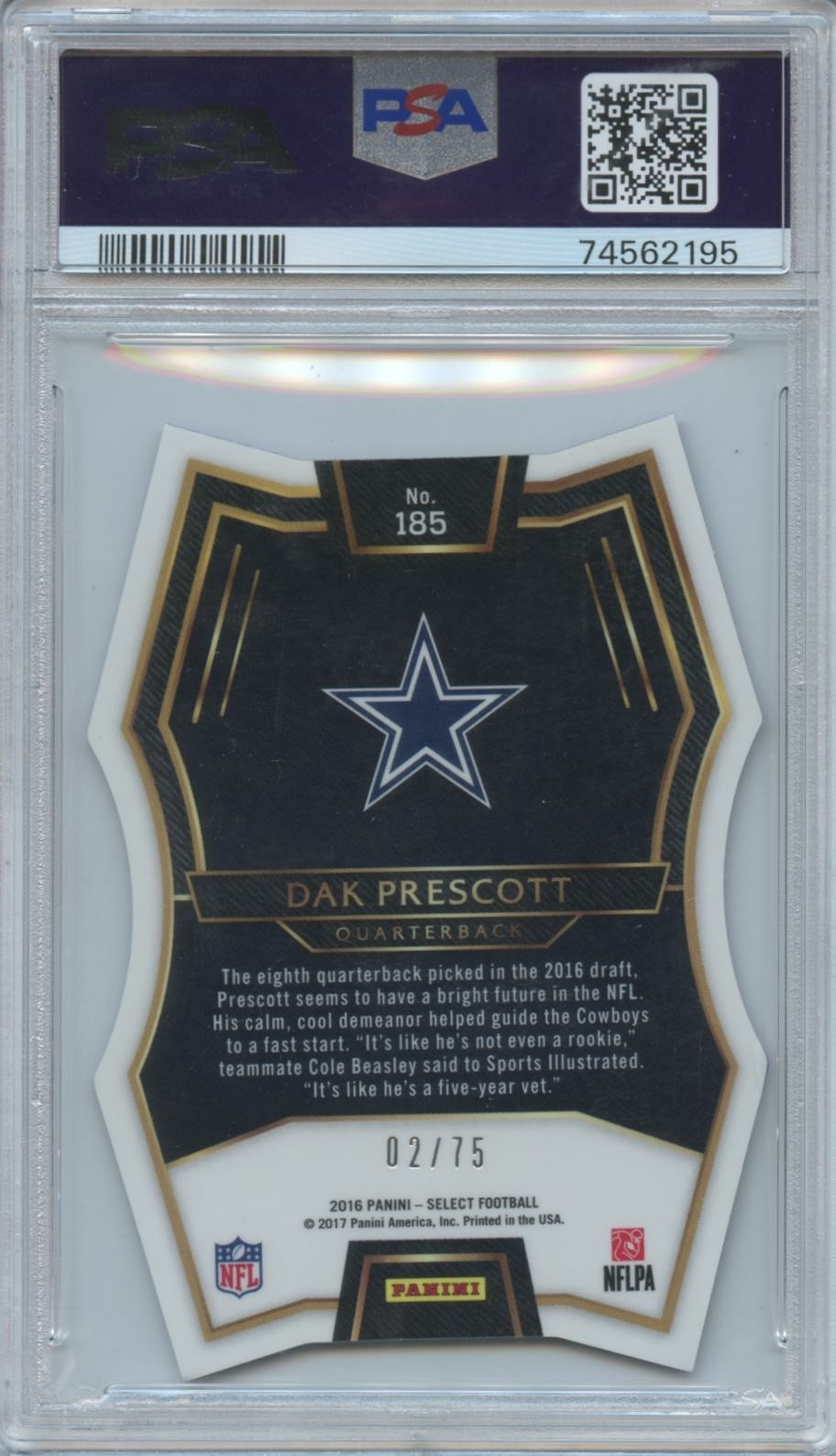 Dak Prescott 2016 Select Purple Prizm Die-Cut Rookie RC Cowboys 2/75 PSA 10