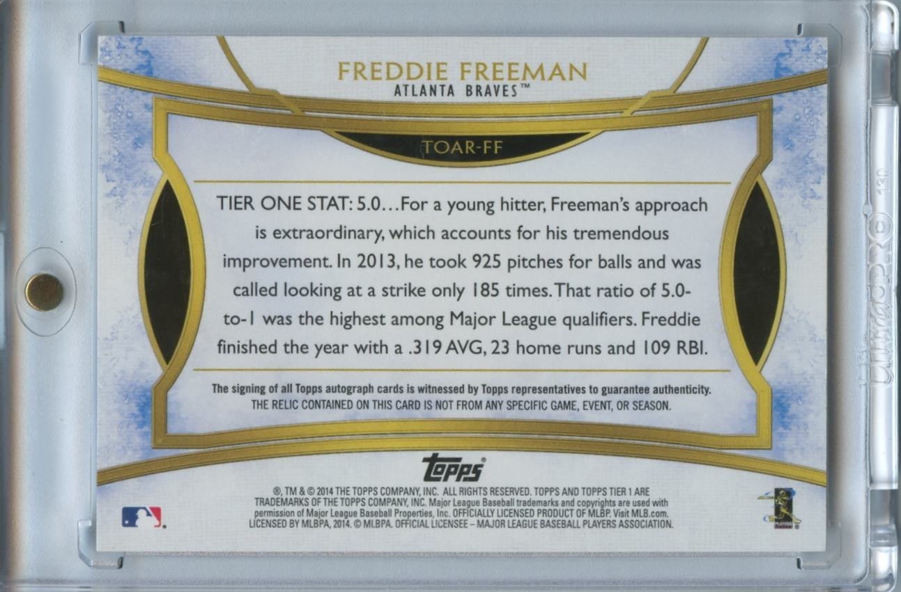 Freddie Freeman 2014 Tier One Auto Autograph Game Worn Patch Braves 68/99